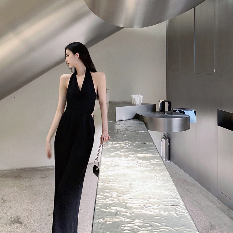 Even body pants female summer slim fit black sexy hanging neck even pants long pants temperament slim fit and high waist wide pants woman