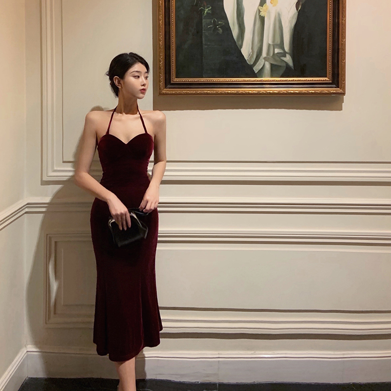 Wine Red Ocean Dress Summer Harness Dress Hanging Neck Skirt Children Sexy sashimi Skinny Fish Tail Velvet Long Dress