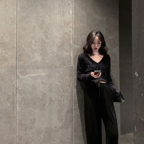 Sweater women 2019 new imitation mink plush top V-neck wrinkled sweater net red base shirt female ins super fire