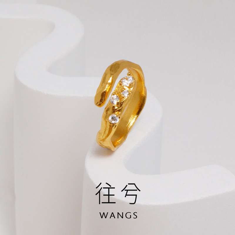 WANGS不规则开口戒指法式复古镶嵌水晶纯银18K镀金色轻奢通勤戒指 Изображение 1