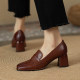 Retro British style small leather shoes women's soft leather brown thick heel high heels single shoes medium heel deep mouth square toe leather women's shoes