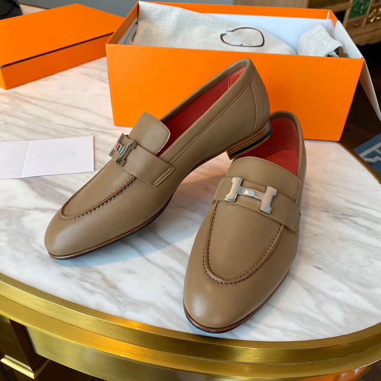Brown LeatherOriginal factory H buckle Flat bottom Retro Britain Women's Shoes h Carrefour shoes genuine leather Single shoes Versatile Casual shoes tassels Small leather shoes