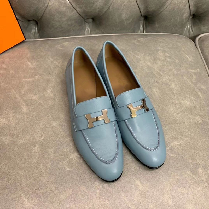 Fog Blue LeatherOriginal factory H buckle Flat bottom Retro Britain Women's Shoes h Carrefour shoes genuine leather Single shoes Versatile Casual shoes tassels Small leather shoes
