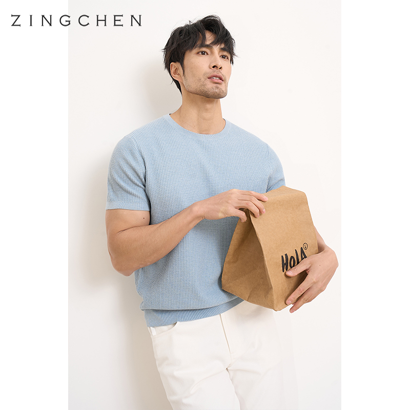 [Machine Washable Cotton Cashmere] Breathable Waffle Knit Summer Elegant Outfit Men's Crew Neck Short-Sleeve Knit T-Shirt