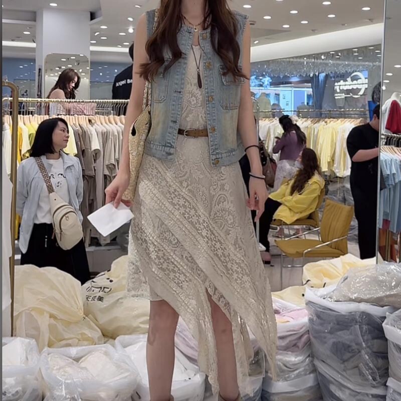 Vacation Style Irregular Suspender Skirt for Women 2026 Summer New Style Old Denim Vest Suit Casual Hot Girl Two-Piece Set