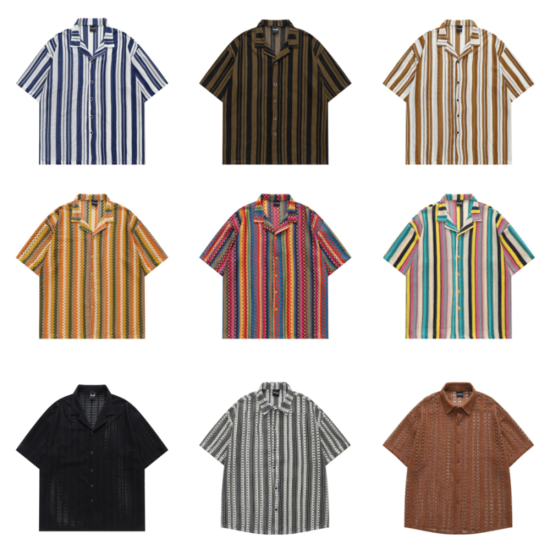 Retro Ethnic Style Stripesd Cut Out Woven Cuban Collar Vintage Short-Sleeved Shirt Men's Dopamine Contrast Color Shirt