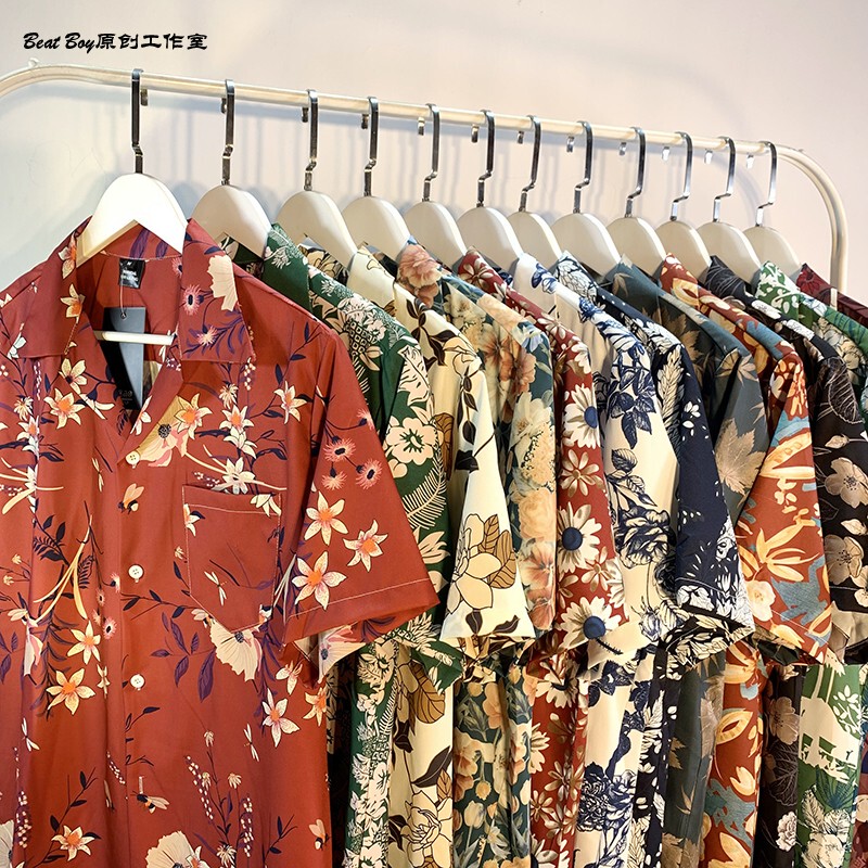 Hong Kong Style Retro Hawaiian All-Over Print Short-Sleeved Vintage Floral Shirt for Men and Women Thai-Style Yuppie Couple Beach Shirt