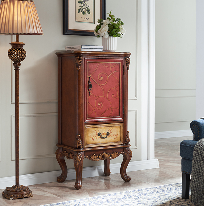 American solid wood wine cabinet living room retro storage storage cabinet European style painted small apartment cabinet carved bedroom corner cabinet