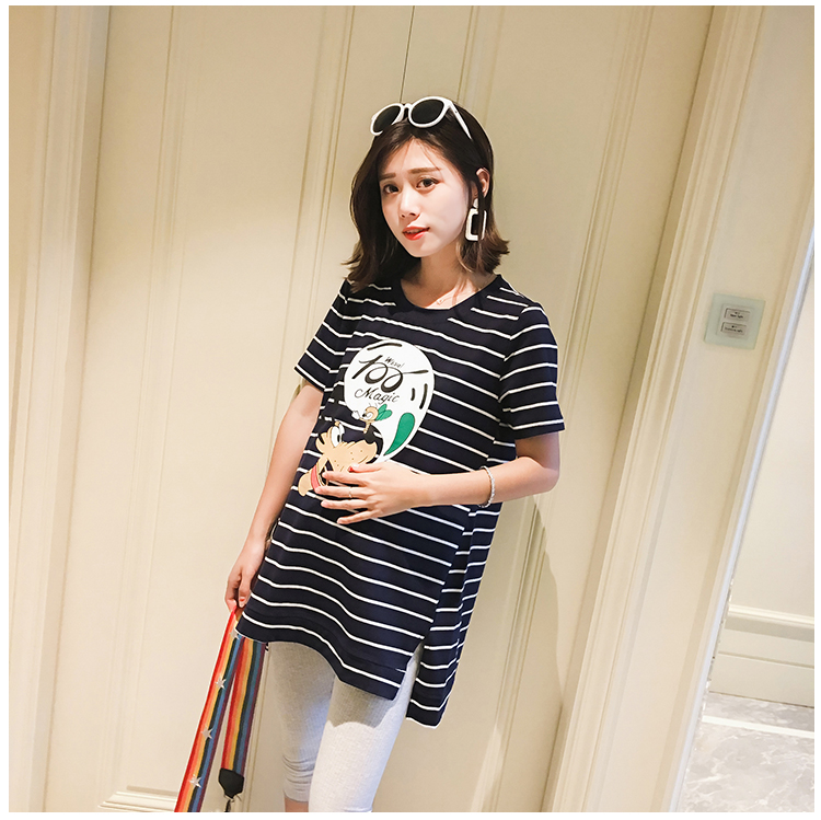 Thai sản váy mùa hè ngắn tay T-Shirt dài thời trang mùa hè 2018 new loose sọc cotton thai sản áo sơ mi