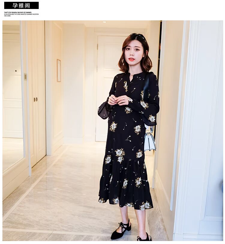 Ưu đãi đặc biệt cho bà bầu mùa thu đầm dài 3-9 tháng xuân và mùa thu hot mom áo dài tay voan đầm bầu cao cấp