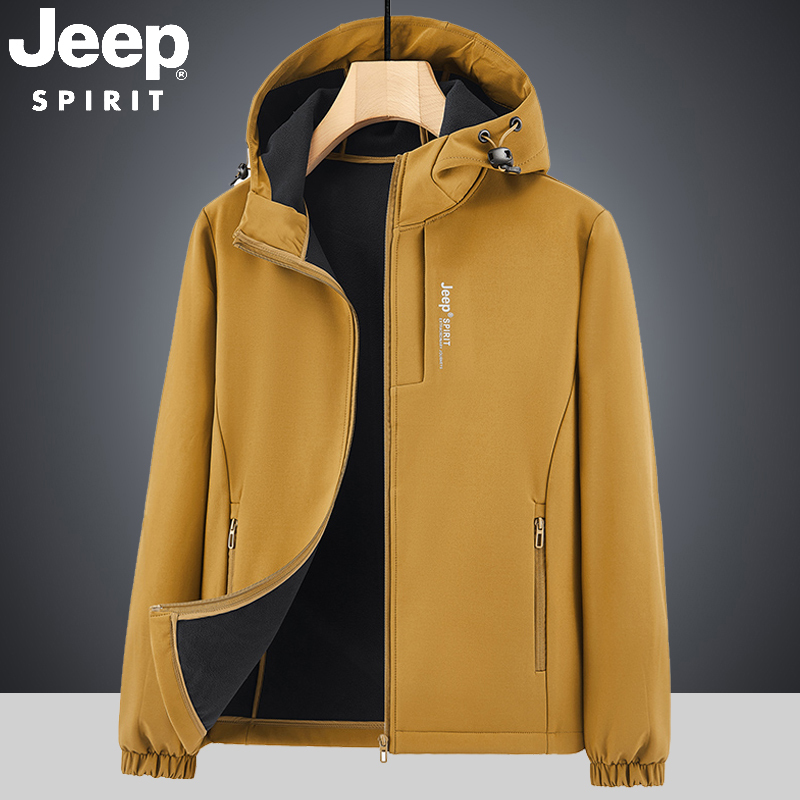 Jeep Jeep Outdoor Soft Shell Jacket Men's Autumn and Winter Thin Velvet Work Jacket Windproof and Waterproof Mountaineering Jacket Men