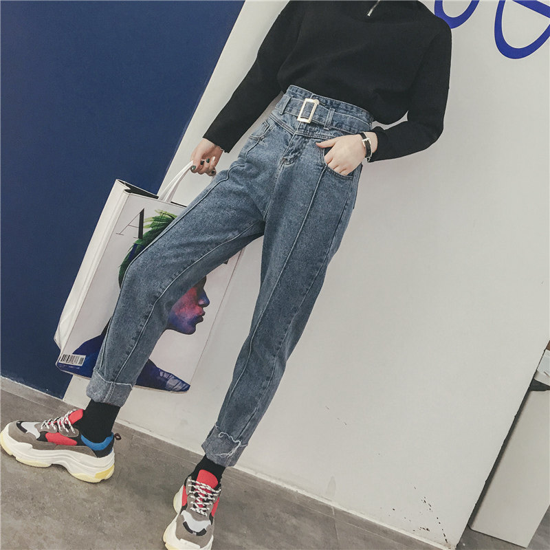 2018早春新款chic复古高腰显瘦蓝色做旧水洗百搭牛仔裤女直筒长裤