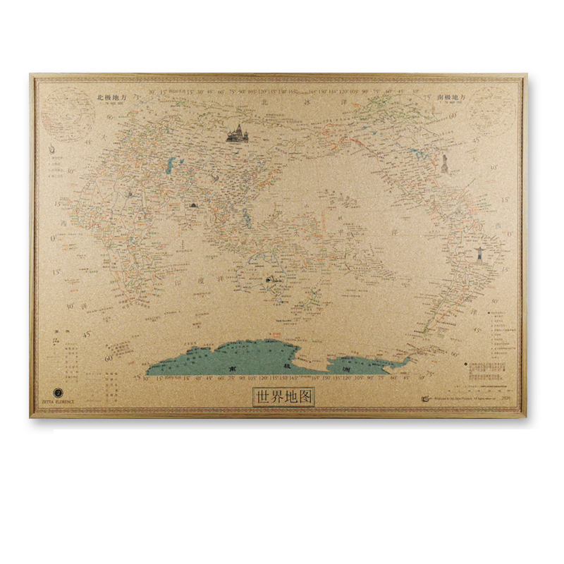Cork Board World Map Travel Check-In Retro China Travel Wall Chart with Pins to Mark Footprints and Vintage Photos