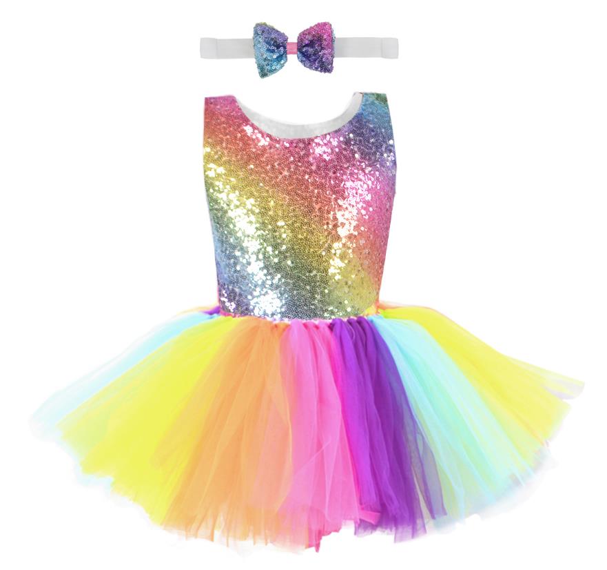 Girls' Children's Day Dance Costumes Rainbow Sequin Mesh Colorful Puff Skirt Hairband Children's Dress