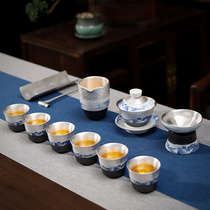 High end gift sterling silver kung fu tea set retro 999 silver ceramic tea set set office home gift box