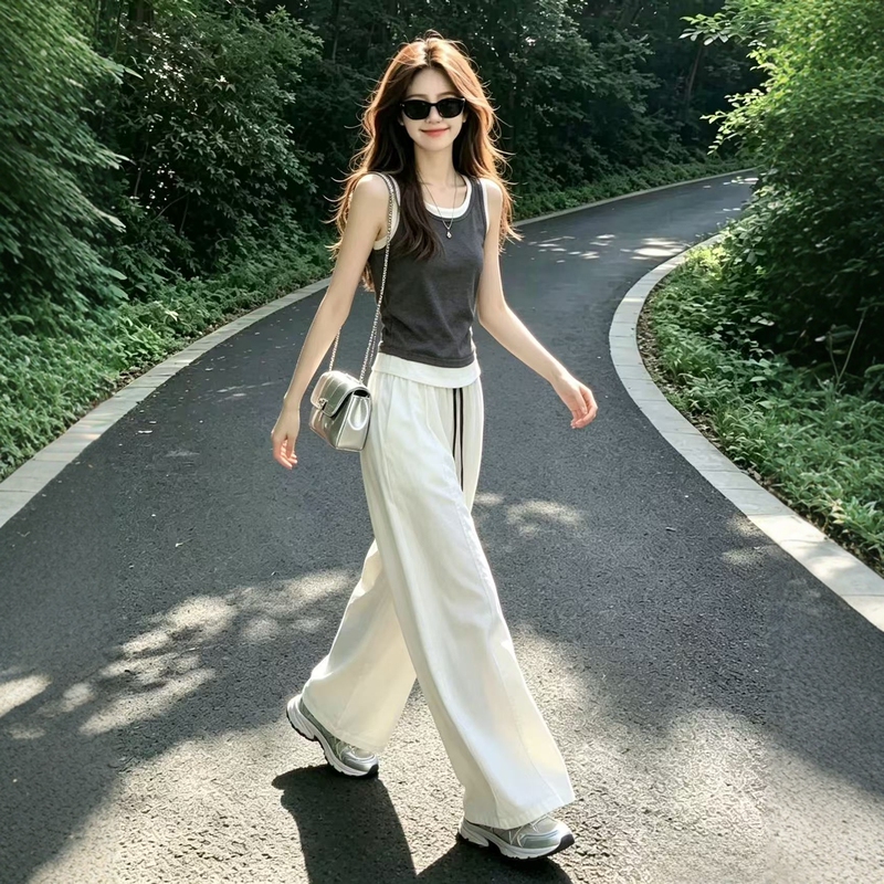 American-Style Lazy Sportswear Suit for Women, Summer Slim-Fit Faux Two-Piece Vest and Wide-Leg Pants Casual Two-Piece Set American-Style Lazy Sportswear Suit for Women, Summer Slim-Fit Faux Two-Piece Vest and Wide-Leg Pants Casual Two-Piece Set