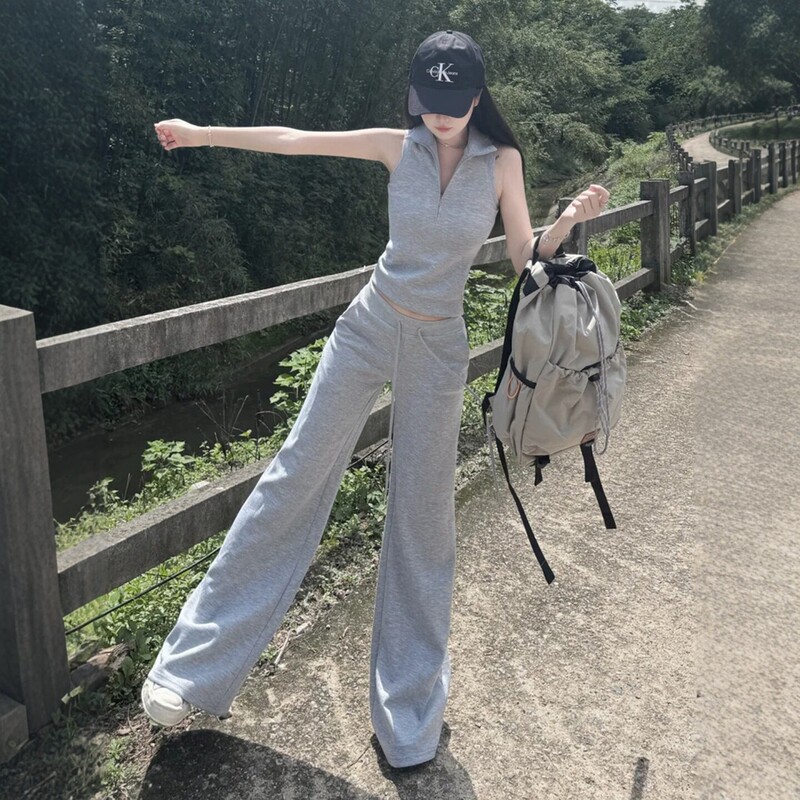 Korean Style Casual Sportswear Suit for Women, Summer Age-Reducing Vest, Loose Wide-Leg Pants Two-Piece Set, Running Trend