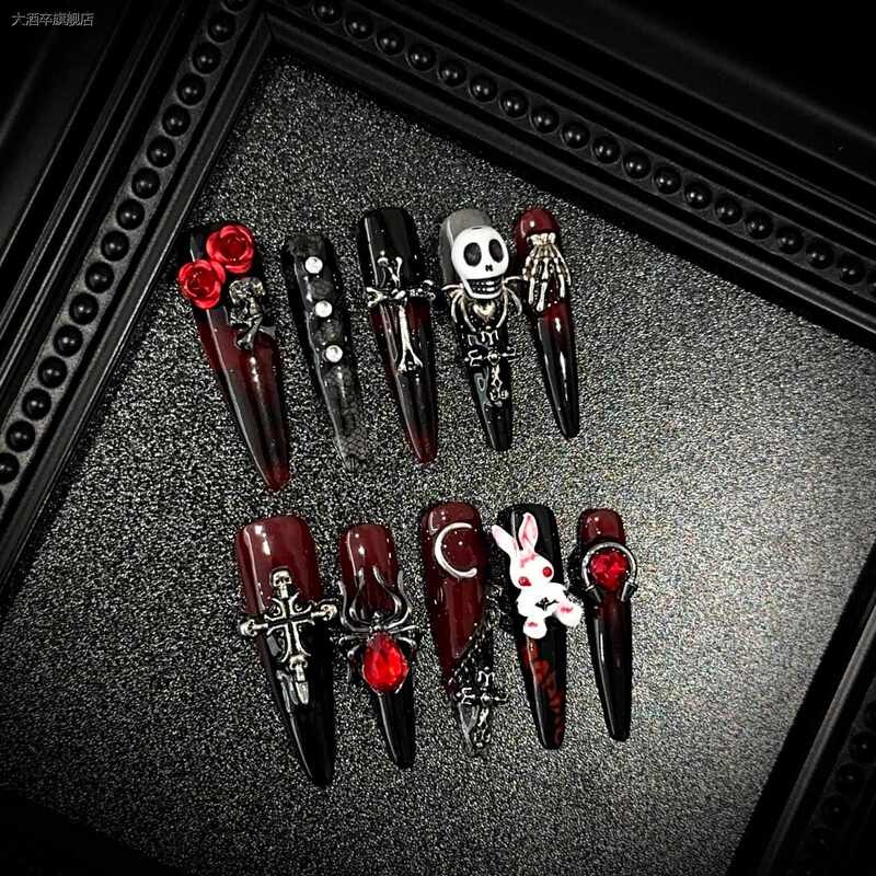 Purely Handmade Halloween High-End Wine Red Long-Style European and American Heavy-Duty Skeleton Gothic Style Nail Art