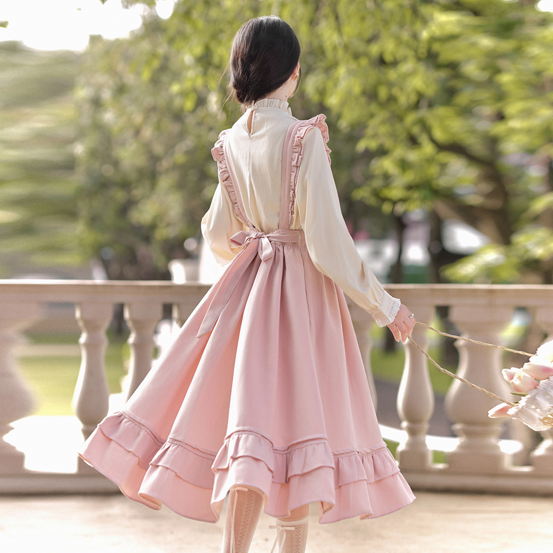 Lolita Suspender Dress for Women, New Spring and Autumn Japanese Sweet Lolita Dress, Pink Ruffled Shirt Set Lolita Suspender Dress for Women, New Spring and Autumn Japanese Sweet Lolita Dress, Pink Ruffled Shirt Set