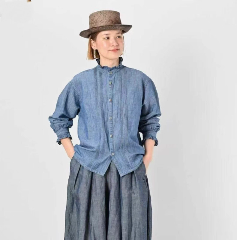 Japanese Style 26 Spring/Summer 45 Denim Shirt Women's Lace Long-Sleeve Shirt Top Ruffle Top
