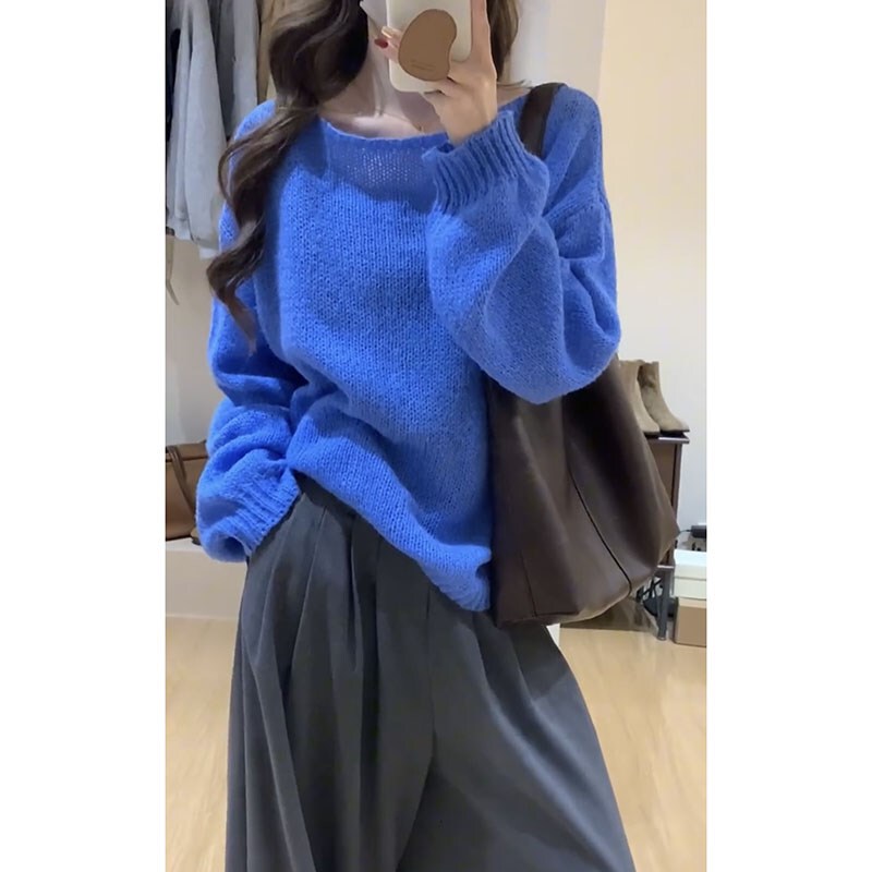 Japanese Retro High-End Klein Blue Mohair Sweater for Women, Autumn and Winter Lazy Style Pullover Knit Top
