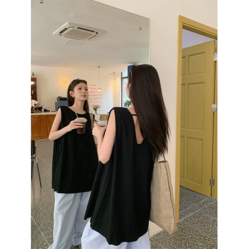Korean Style Loose Old Money Style Black V-Neck Backless Top for Women Summer Outerwear Linen Shirt Vest Sleeveless Top