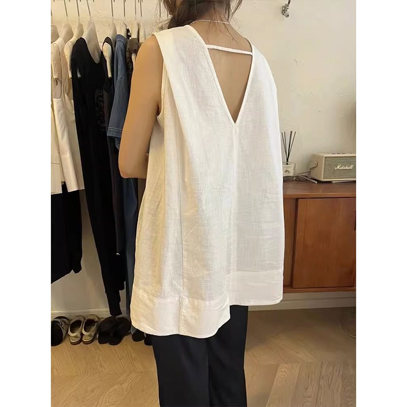 Loose and Casual White Linen Shirt Vest for Women, Summer Outerwear, V-Neck, Backless, Babydoll Style, Sleeveless, Thin Top