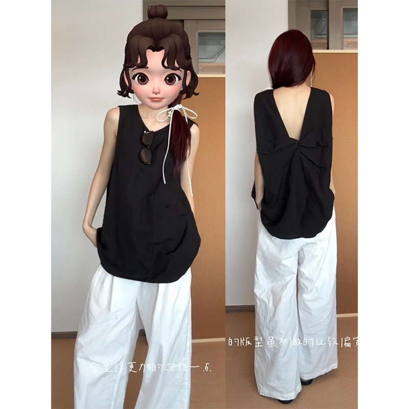 French-Style High-End Black Sleeveless Linen Shirt Camisole for Women, V-Neck Backless Babydoll Top for Summer