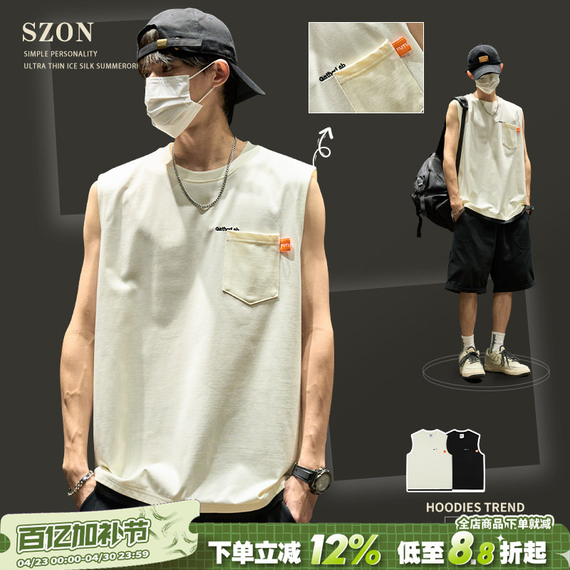 Men's Vest, American Style, Simple Design, Pocket Letter Embroidery, Fake Two-Piece Sleeveless T-Shirt, Sports Fitness Tank Top, Summer ins