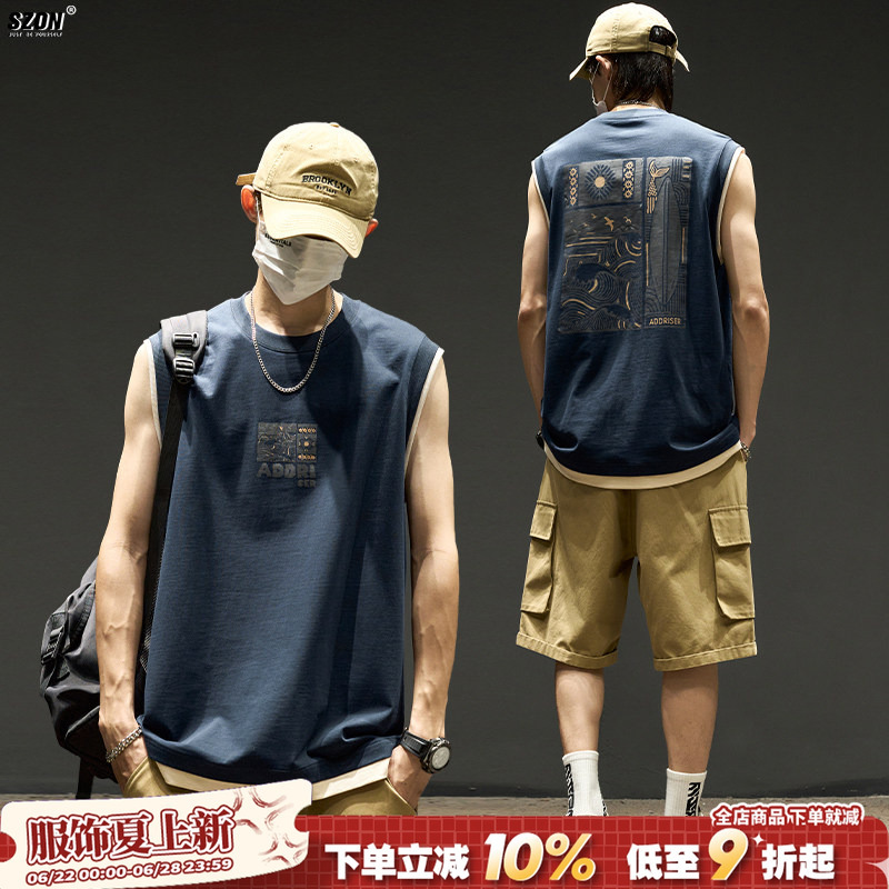 Men's Summer New Style American Street Style Fun Printed Vest Loose Cool Fake Two-Piece Pure Cotton Sleeveless T-Shirt Men's Summer New Style American Street Style Fun Printed Vest Loose Cool Fake Two-Piece Pure Cotton Sleeveless T-Shirt