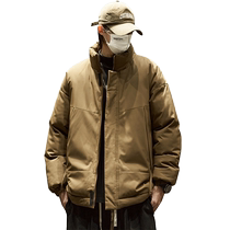 Jacket mens autumn and winter style American retro trendy brand stand-up collar cotton coat loose and thickened boys trendy casual solid color cotton coat