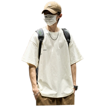 Short-sleeved mens summer Japanese style simple letter trendy brand round neck half sleeve 2024 new heavy cotton loose T-shirt
