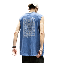 Vest Mens American Retro Print Trend Top Thin Loose Sports Waistcoat Pure Cotton Sleeveless T-Shirt Summer