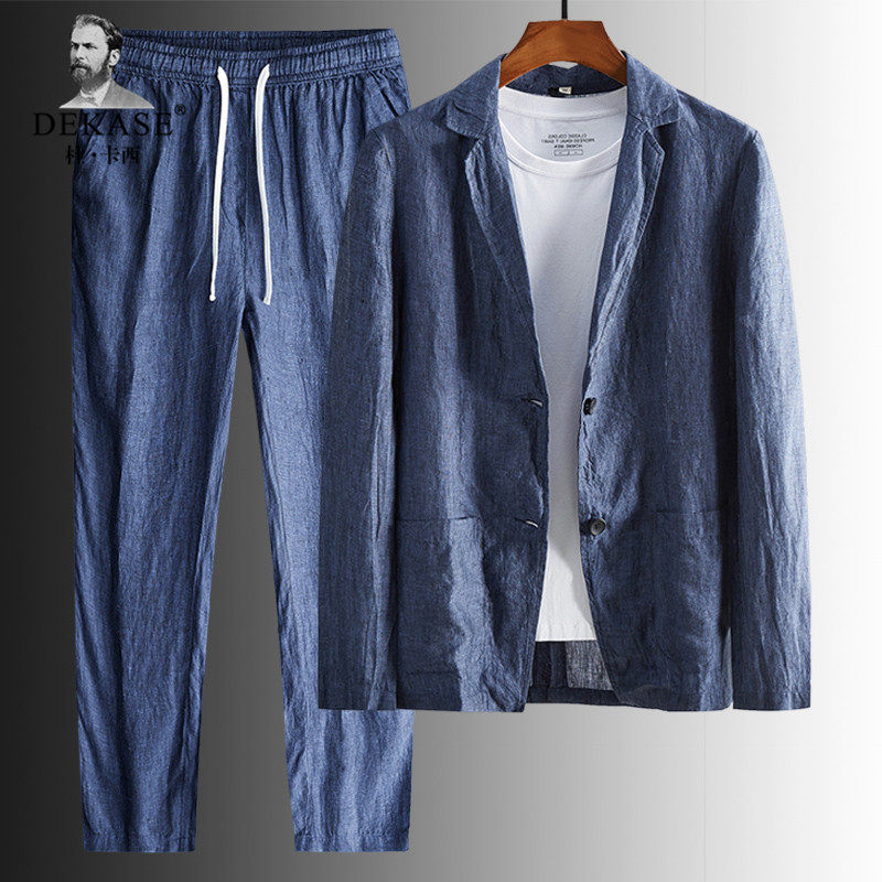 Dekase Linen Casual Suits Men's New Middle-aged Men's Suits Blue Linen Suits