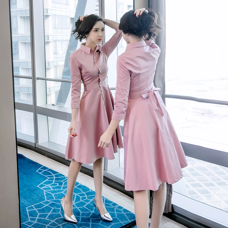 Mùa thu đông quần áo nữ 2019 mới cao eo khí chất quý cô váy retro Pháp cổ áo dài giữa váy hồng - Váy eo cao