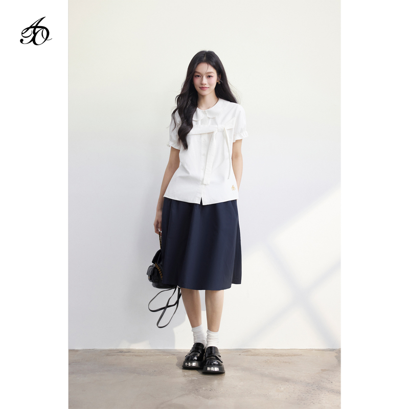 Atmoaosu “Luna Zhirou” Korean-Style Preppy Short-Sleeved Shirt with Bow Tie and Doll Collar for Women Atmoaosu “Luna Zhirou” Korean-Style Preppy Short-Sleeved Shirt with Bow Tie and Doll Collar for Women