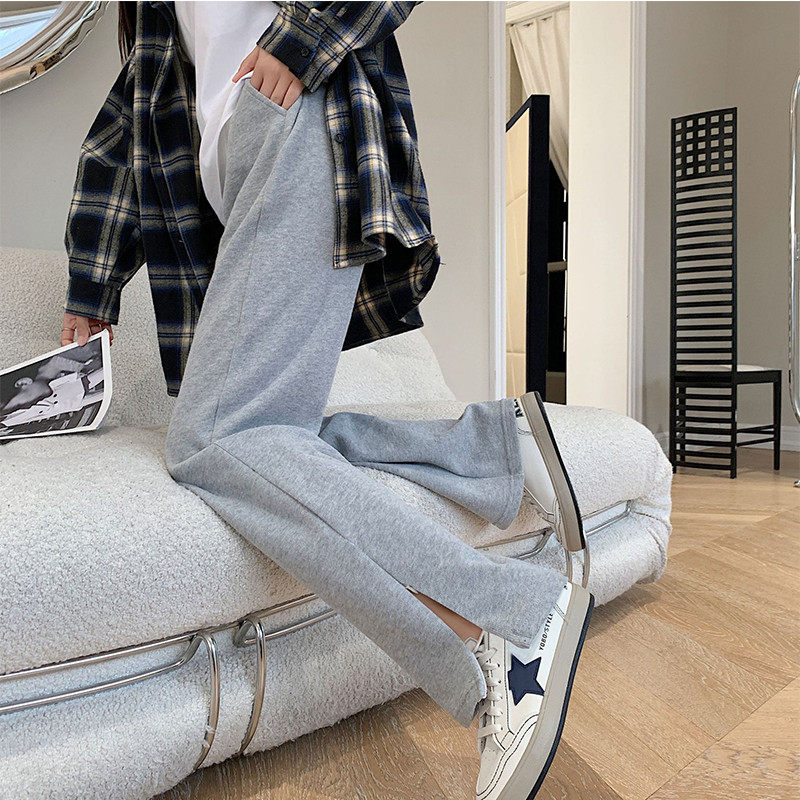 Gray split sweatpants women's 2021 spring and summer new loose straight tube hanging casual thick cotton pants small wide leg pants