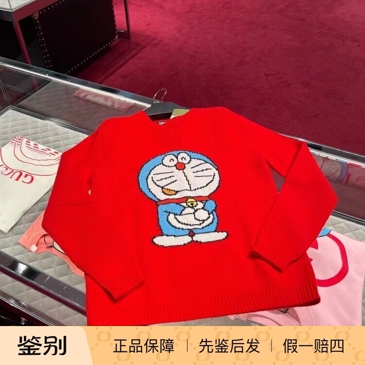 0202 In-Stock XXS Size Gucci Women's Doraemon Red Crew Neck Pullover Sweater Knitwear Long Sleeve