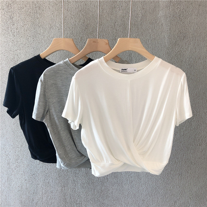 Summer European and American Knotted Short Loose Sports Casual T-Shirt Women's Fitness Short-Sleeved Slimming Look Navel-Baring Running Yoga Top
