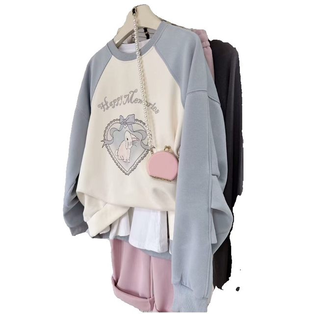 2024 Spring New Contrast Color Round Neck Top Women's Love Bunny Loose Raglan Pleated Sleeve Thin Sweatshirt Jacket