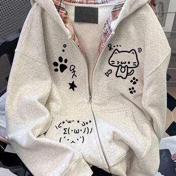 Subculture Japanese-Style Cute Cat Cardigan Jacket for Women, Spring, Autumn, and Winter, Fleece-Lined, Sweet, Age-Reducing, Hooded Sweatshirt