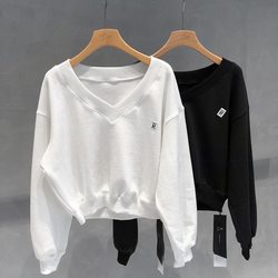 V-neck short sweatshirt for women 2021 spring and autumn new Korean style loose and slim white lazy style long-sleeved top for women