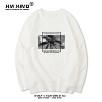 Plus velvet round neck sweater ins autumn mens jacket loose autumn cotton solid color base shirt inside the tide White