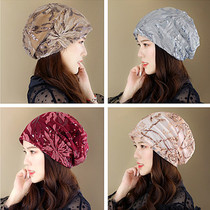 Spring and summer new ultra-thin fashion casual wild lace sequins flowers confinement bald head pile head scarf head cap