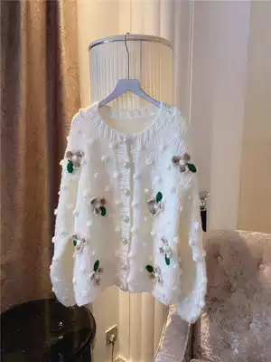 Autumn and winter New retro handmade crochet flower age age sweet three-dimensional heavy industry flower ball cardigan