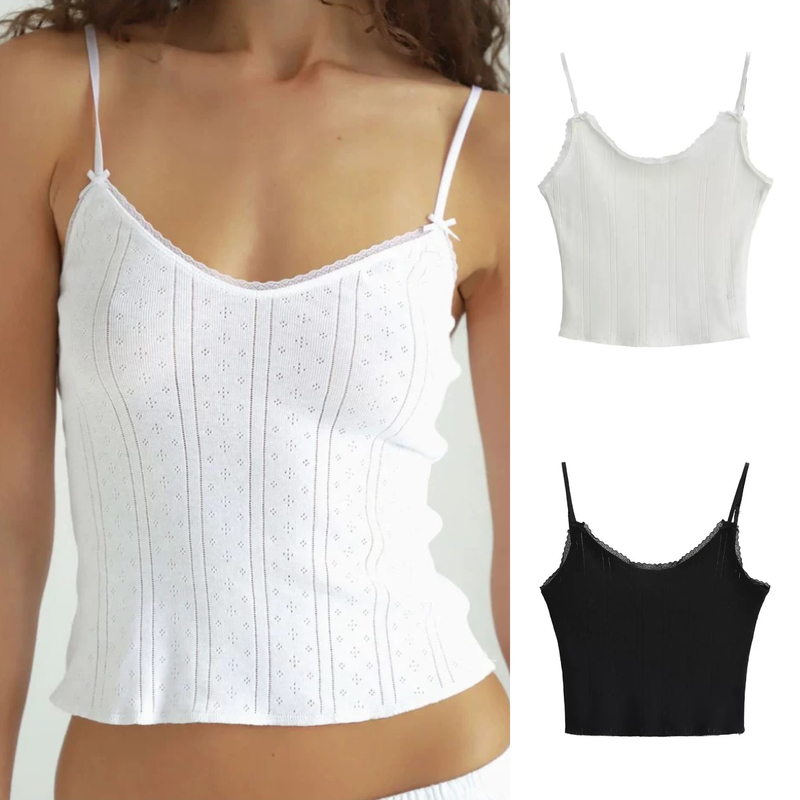 Black and White Lace-Trimmed Bow Camisole Made of Organic Cotton with Hollow-Out Design, Slimming Inner Top for Women