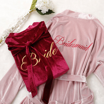 Autumn and winter bride morning robe female companion hand gift wedding red make-up robe Gold velvet nightgown pajama party customization