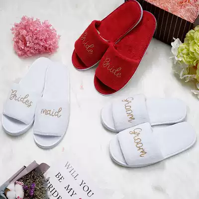 Foreign trade White bride gown slippers wedding party groom bridesmaid autumn and winter couple bedroom home slippers
