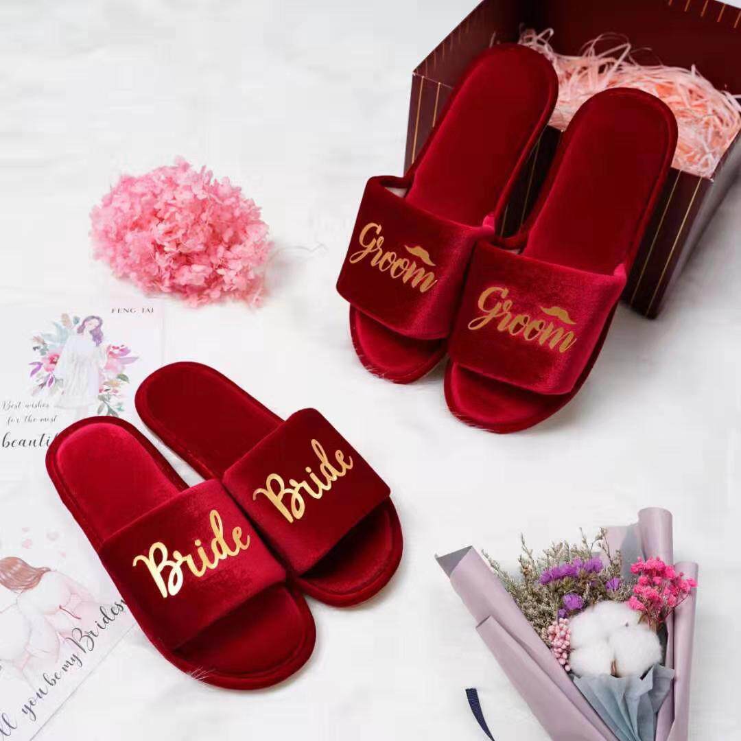 Golden velvet home wedding bride groom bridesmaid morning robe wedding slippers Indoor wedding slippers new autumn and winter