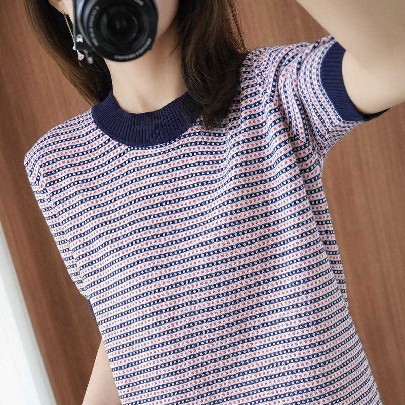 2022 new age-reducing striped pure cotton knitted short-sleeved women's t-shirt thin linen top loose cotton and linen half sleeves
